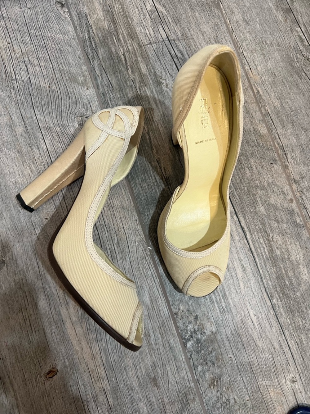 Fendi Beige Peep Toe D’Orsay Heels Canvas Leather Trim Made in Italy Size 40 1/2